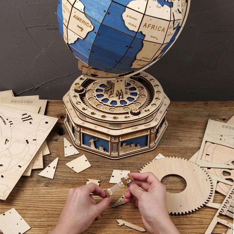 ✨ Regalo premium | Puzzle 3D Globo Terrestre – Modello in Legno da Costruire con 567 Pezzi