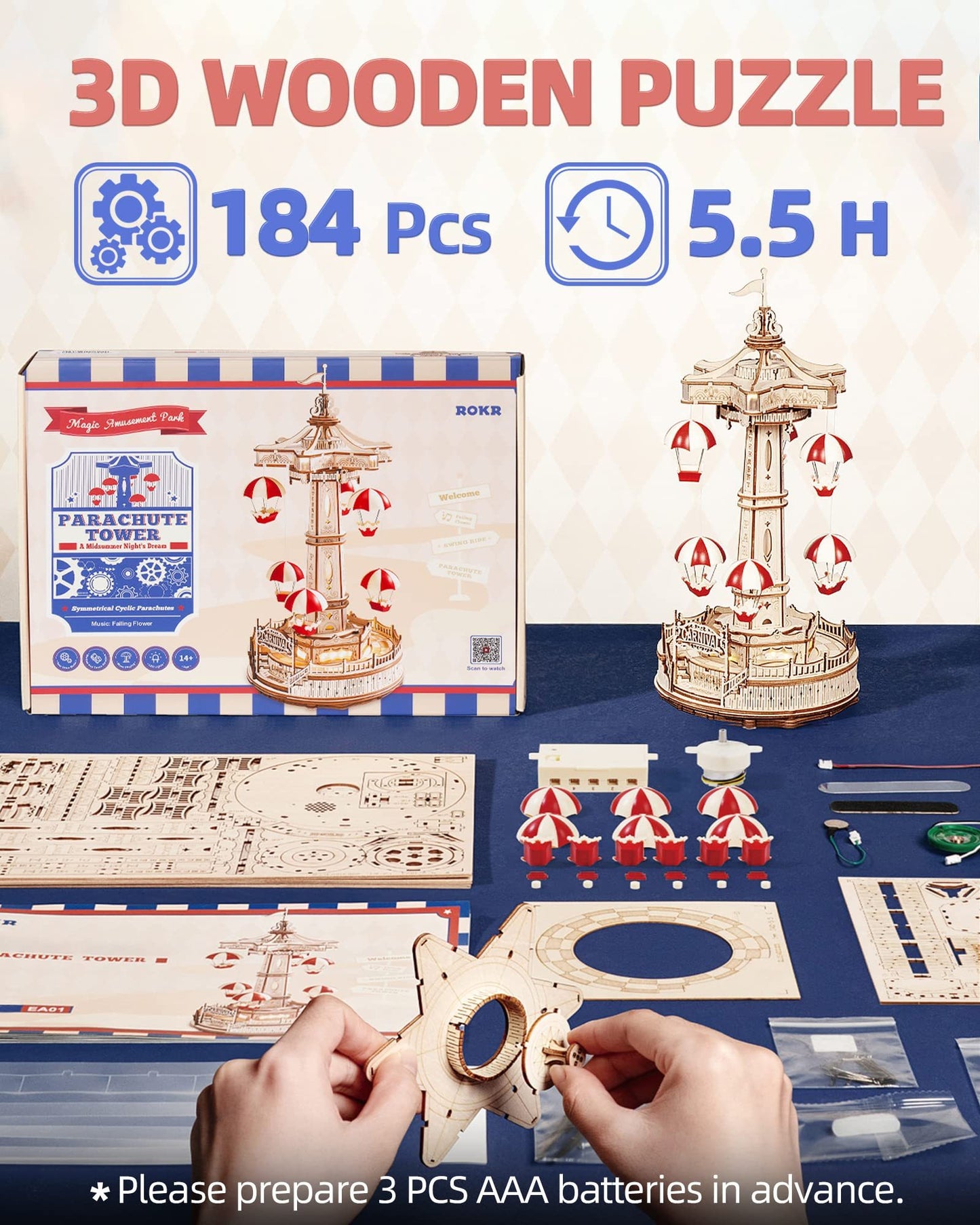 ✨ Regalo premium | Torre Paracadute – Puzzle 3D Musicale in Legno da Costruire
