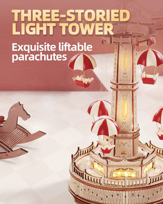 ✨ Regalo premium | Torre Paracadute – Puzzle 3D Musicale in Legno da Costruire