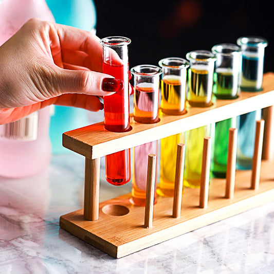 Set Bicchierini da Party con Eprovette – 4 Shot Glass in Tubo + Supporto in Bambù