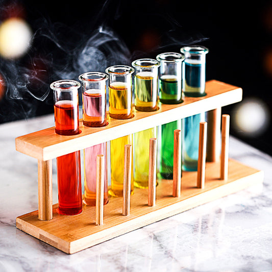 Set Bicchierini da Party con Eprovette – 4 Shot Glass in Tubo + Supporto in Bambù
