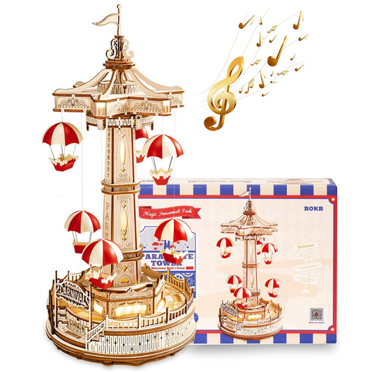✨ Regalo premium | Torre Paracadute – Puzzle 3D Musicale in Legno da Costruire