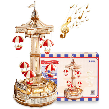 ✨ Regalo premium | Torre Paracadute – Puzzle 3D Musicale in Legno da Costruire